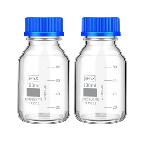 Image of Borosilicate Glass reagent bottle 100ml with leak proof Blue Screw Cap pack of 2 for glassware wide mouth chemical bottles for lab, laboratory, kitchen and professional use
