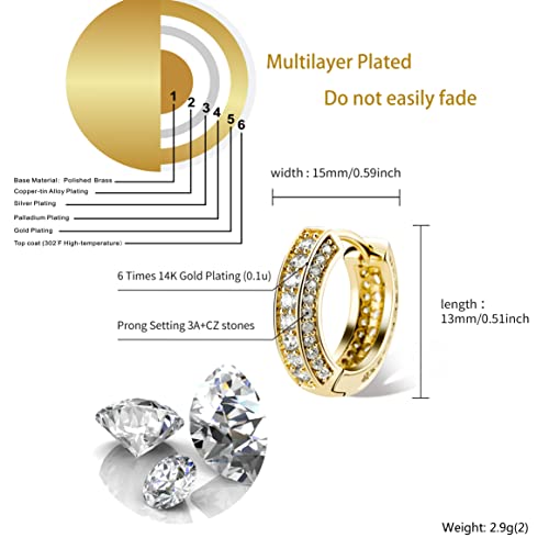 Topgrillz Iced Out Hoop Earrings Cubic Zirconia Huggie Cartilage Cuff Diamond Hypoallergenic 14K Gold Plated Luxury Fashion Round Circle Earrings Jewelry Gift For Men Women-Gold #TOP1