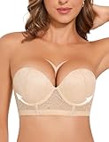 Amafuur Strapless Push Up Bra for Women Padded Underwire Support Convertible Lace Longline Bombshell Bras Nude 38B