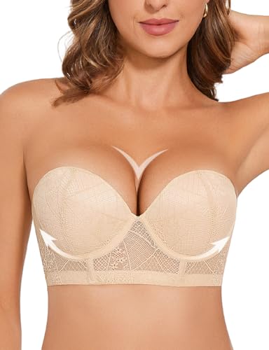 Strapless Push Up Bra for Women Padded Underwire Support Convertible Lace Longline Bombshell Bras