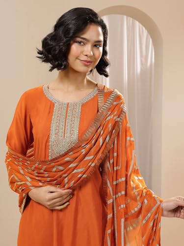 Image of Libas Embroidered Silk Blend Straight Kurta with Salwar and Dupatta