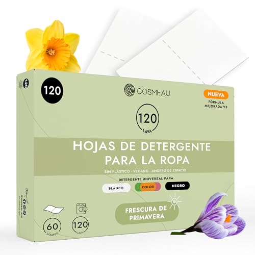 Cosmeau Hojas de Detergente para Ropa Lavadora - Primavera Fresca - Hasta 120 Lavados (60 Hojas) - Para Blancos, Colores y Negros - Libre de Plástico, Biodegradable y Detergente de Viaje Perfecto