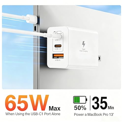 Image of 65W USB C Fast Charger Block and 10ft Type C to C Cable Cord Long,3-Port 100W USB C+USB A Wall Charging Plug Power Adapter for MacBook Pro /Air /iPad /Apple iPhone 17 16 15 Pro Max /Samsung Galaxy S26 S25