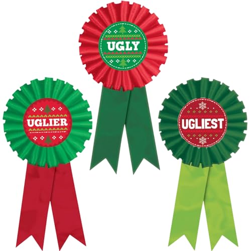 Festive Green & Red Ugly Sweater Contest Award Ribbon -3' x 6' (Set of 3) - Show-Stopping Ribbons - Perfect for Unforgettable Holiday Party Fun & Recognition