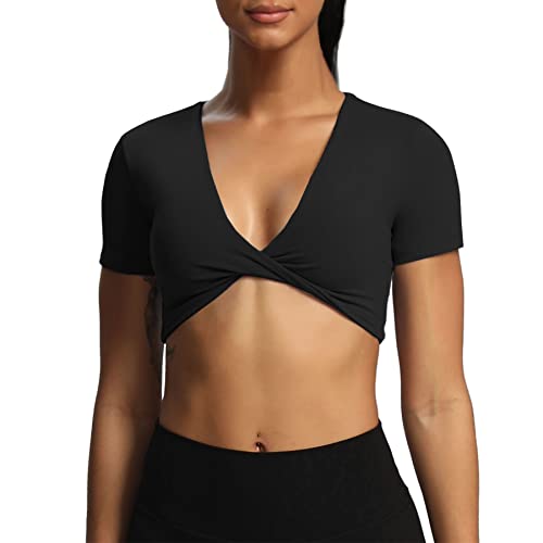 Aoxjox Short Sleeve Crop Tops for Women Sienna Twist Deep V Workout Cropped T Shirt Top