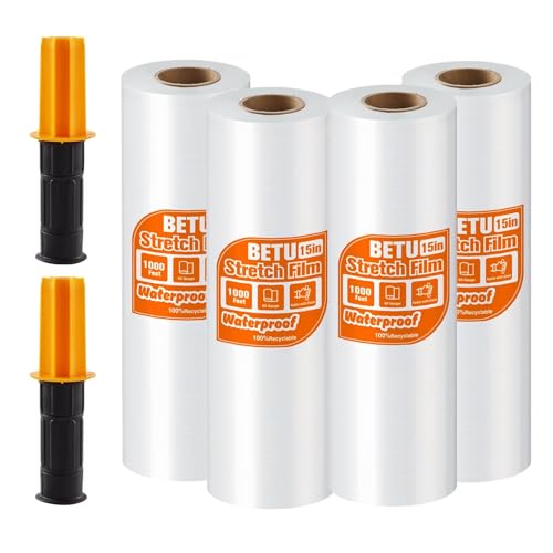 BETU Plastic Wrap Stretch Film for Moving Supplies 15inch X 1000ft, Shrink Wrap Stretch Roll Industrial for Furniture Wrapping Shipping Pallet Moving Boxes Storage with Handles, 4 Pack, Clear