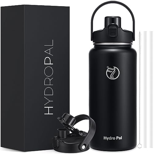 HydroPal Trinkflasche Edelstahl - 1200ml/1900ml mit Strohhalm und Henkel, BPA-Frei, Kohlensäure geeignet, flasche Metall, Aesthetic trinkflasche für Fitnessstudio (Mitternachtsschwarz, 1900ml)