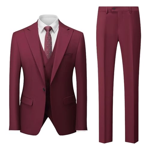 Men Solid Color Wedding 3 Piece Party Business Casual Slim Blazers Vest Pants Set Burgundy