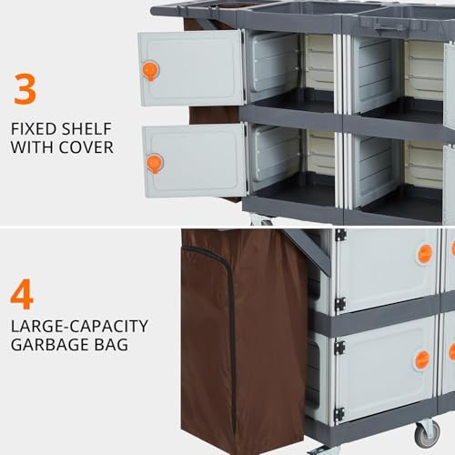 Image of Commercial Janitorial Cart with 4 Cabinet, Cleaning Cart with Wheels and Large Capacity Vinyl Bag, Housekeeping Carts