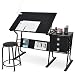 Tangkula Drafting Desk Drawing Table Adjustable with Stool and Drawers Black
