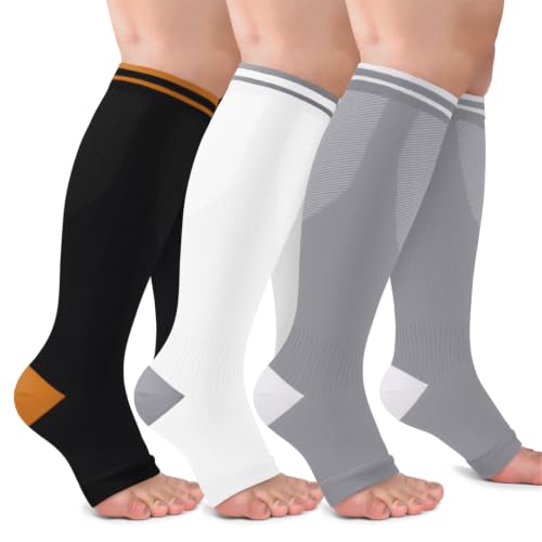 Image of CTHH Toeless Compression Socks for Women & Men Open Toe Knee High Stocking | 3 Pack 20-30 mmHg Graduated Compression Socks Best Support for Circulation Flying Running Daily Wear Cooling