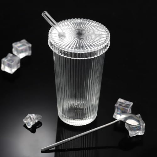 Image of Glass Tumbler with Lid and Straw - 380ml, Set of 1, Clear Ribbed Iced Coffee Cup,Vintage Drinking Jar Glasses,Fluted Glassware for Juice Smoothie Water Milk Soda