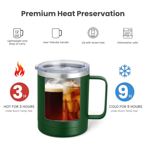 Image of MEWAY 12oz Coffee Mug With Handle and Sliding Lid,Stainless Steel Travel Tumbler Cup with Handle,Double Wall Vacuum Insulated Camping Cup for Hot & Cold Drinks Tea (Forest Green,Set of 1)