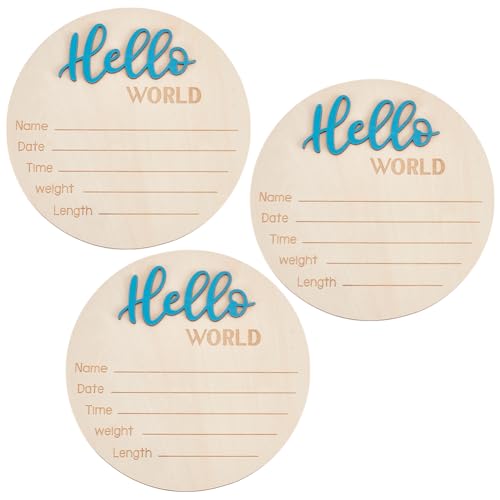 Image of 3Pcs Newborn Announcement Sign 5.9Inches Round Wooden Hello World Newborn Name Board Birth Stat Plaque Photo Prop Gifts Blue for Hospital Home Nursery Shower