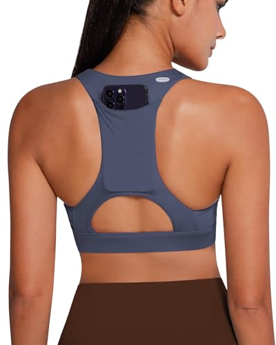 Image of QUEENIEKE BareFlow Women's Sports Bras with Phone Pocket Medium Impact Padded Racerback Workout Gym Crop Top Running Yoga Bra