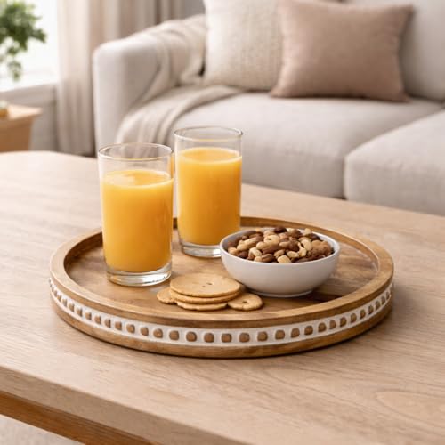 Image of Round Wooden Serving Tray for Dining Table | Decorative Mango Wood Tray for Snacks, Coffee & Table Decor | Handmade Kitchen & Living Room 10 inches White