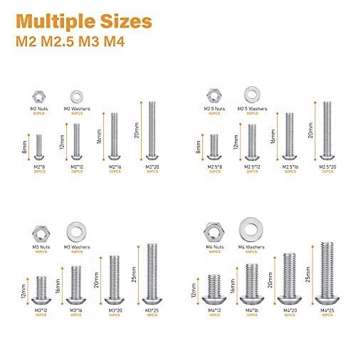 VIGRUE-820pcs-M4-M3-M25-M2-Button-Head-Socket-Cap-Screws-Bolts-Nuts-Washers-Assortment-Kit-304-Stainless-Steel-Metric-Screws-Assortment-Set-Small-Bolts-and-Nuts-Kit