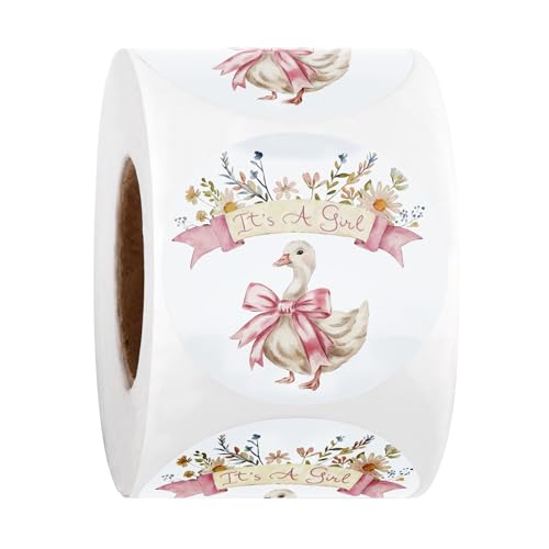 WRAPAHOLIC 2 Inch 500 Total Baby Shower Stickers Roll - It's a Girl Pink Bow Duck Design, Thank You Lables, Shipping Stickers for Baby Girl Shower