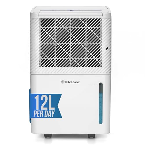 Belaco 12L Compressor Dehumidifier for Home Portable Moisture Remover for Damp & Condensation Digital Humidity Display 24-Hour Timer Compact Dehumidifier for Bedroom & Laundry