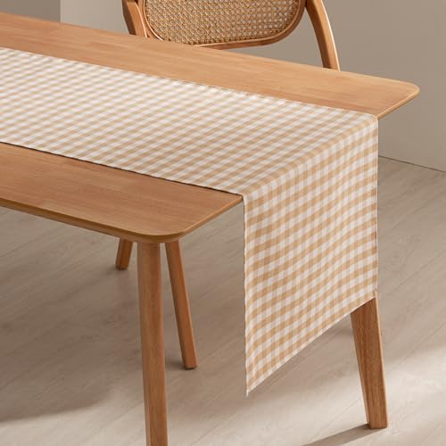 GAMUSI Chemin de Table rectangulaire Anti-Taches imperméable Vichy à Carreaux 45 x 170 cm Toucher Tissu Coton Respirant et Doux, Couleur Beige