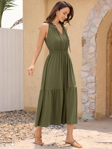 Image of ZAFUL Women's 2025 Summer Casual Midi Dress Sleeveless Adjustable V Neck Elastic Empire Waist Smocked Ruffle Tiered Dresses