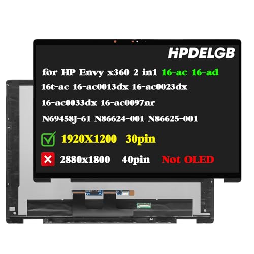 Image of Replacement for HP Envy x360 2-in-1 16-ac 16-ad 16t-ac 16-ad0xxx 16-acxx 16-ad0013dx 16-ac0023dx 16-ad0023DX 16-ac0033dx 16-ac0097nr N69458-J61 N86624-001 N86625-001 LCD Touch Screen Display Assembly