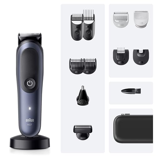 Braun All-in-One Trimmer-Set 7, 13-in-1 Multigroom, Barttrimmer, Nasenhaartrimmer, Haarschneidemaschine für Gesicht, Kopf und Körper, 120 Min Akku, 14 Längen (0.1–21 mm), Wasserdicht, AIO7565, Blau