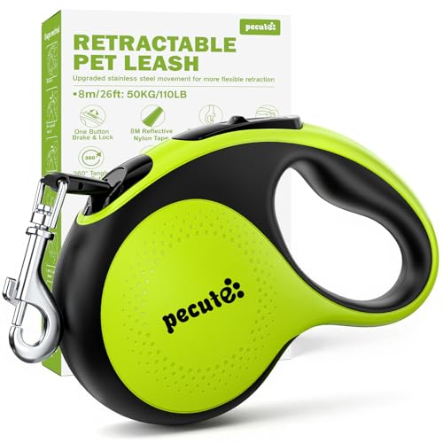Pecute Guinzaglio Retrattile per Cani, Guinzaglio per Cane 8m con Guinzaglio Esteso Senza Grovigli a 360°, Impugnatura Antiscivolo e Pulsante di Freno Rapido,Verde