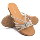 Eozlink Women's Flat Sandals Rhinestone Open Toe Sandals for Women Casual Sparkle Flat Sandals for Women Glitter Bling Evening Party Prom Dance Slide Sandal （Sliver Upper Brown Sole，US 8）