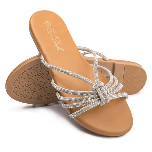 Eozlink Women's Flat Sandals Rhinestone Open Toe Sandals for Women Casual Sparkle Flat Sandals for Women Glitter Bling Evening Party Prom Dance Slide Sandal (Sliver Upper Brown Sole,US 8)