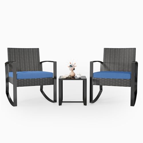 Xbro Conjunto de Bistró para Patio, 3 Piezas, Juego de 2 Sillas Mecedoras de Ratán con Mesa de Jardín, Muebles de Exterior para Terraza, Balcón y Porche