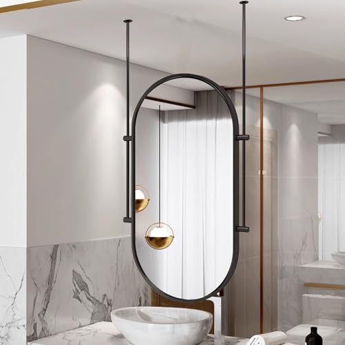 Espejo de pared con barra para colgar en el techo, espejo de baño, espejo decorativo con marco de metal para el hogar, tocador, maquillaje, espejo ovalado negro con brazo montado en el techo (A, 40 c