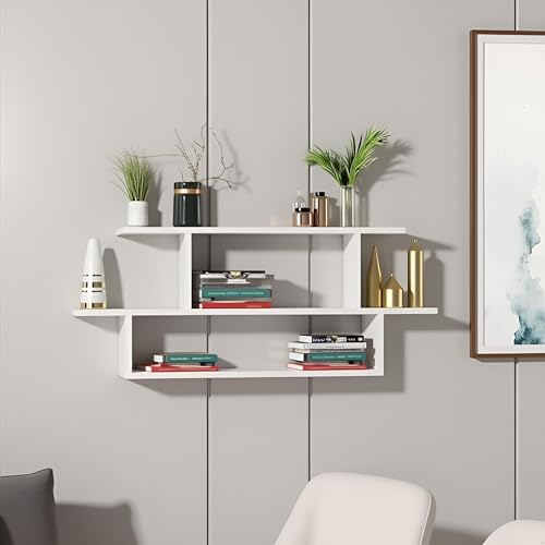 FURNEASER Midly Multipurpose Wall Display Shelf for Living Room Hanging Corner 2 Layer Rack Floating Bookshelf & Shelf Organizer Stand 16D x 80W x 40H Centimeters (White) FURNEASER Midly Multipurpose Wall Display Shelf for Living Room Hanging Corner 2 Layer Rack Floating Bookshelf & Shelf Organizer Stand 16D x 80W x 40H Centimeters (White)