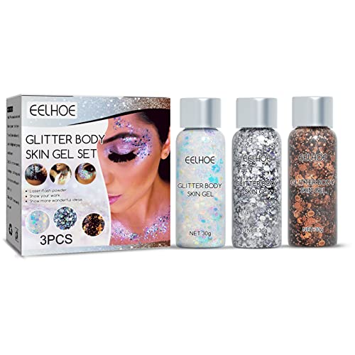Qudai 3 Frascos x 30g Glitter Body Skin Gel Set Flash Pó Lantejoulas Embelezamento Clareamento para
