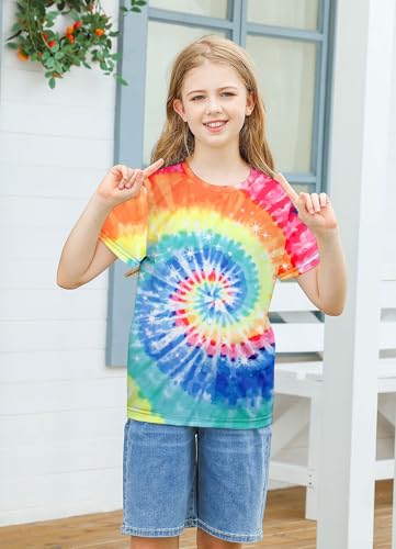 Image of SunFoucs Girls Kids Shirts Size 5-12 Tie Dye Casual Tshirt Short Sleeve Crewneck Tee Top | Short Sleeve Rainbow Tee Top