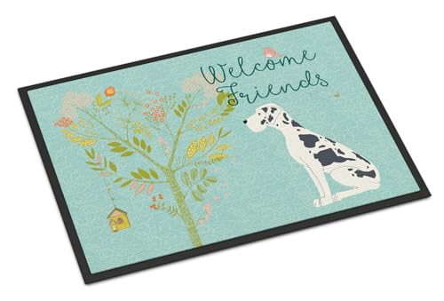 Caroline's Treasures BB7590JMAT Welcome Friends Harlequin Great Dane Doormat 24x36 Front Door Mat Indoor Outdoor Rugs for Entryway, Non Slip Washable Low Pile, 24H X 36W