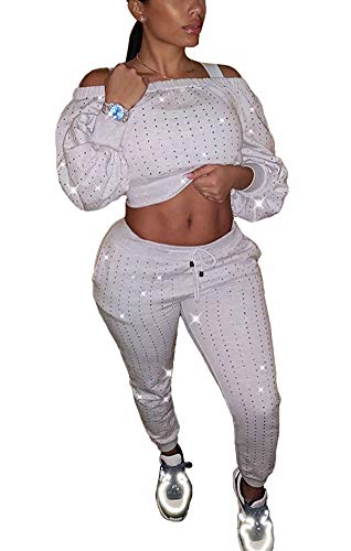 Women's 2 Pieces Long Sleeve Off Shoulder Glitter Rhinestone Sexy Crop Top + Drawstring Sweatpants Bodycon Jumpsuit Long Pant Skinny Romper Sweatsuit Set Sport Outfits White, Small