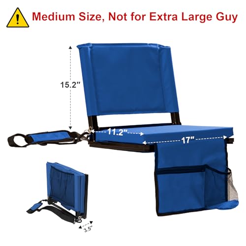 Image of Stadium Seats with Back Support for Bleachers, Folding Bleacher Chairs with Back and Cushion, Padded Seat with Shoulder Strap, Large Mesh Pocket & Carry Handle, Dark Blue, 2pcs