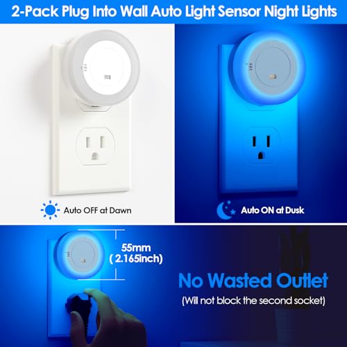 Image of FOLKSMATE 2-Pack LED Night Lights Plug in Dimmable with Sensor Blue | Nightlight Plug Into Wall Adjustable for Adults & Kids Room Bedroom Bathroom Living Room Kitchen Stairway