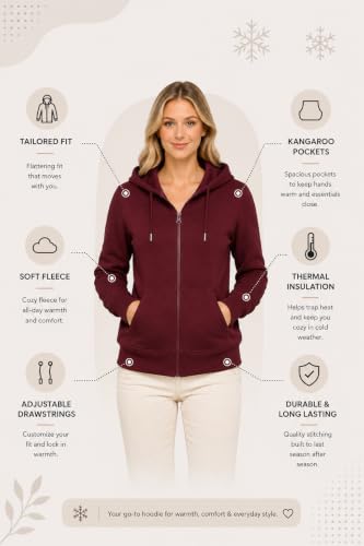 Image of HOODLIFE Women's Zip-Up Hoodie Sweatshirt - Soft Cotton Fleece Jacket with Hood, Full Zipper, Kangaroo Pocket, Casual Winter Hoodie for Women