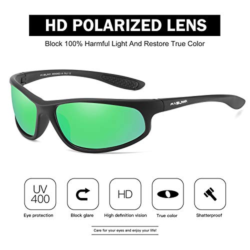 Image of FAGUMA Polarized Sports Sunglasses For Men Cycling Driving Fishing UV400 Protection, Matte Black Frame /Green Mirrored Lens, Standard