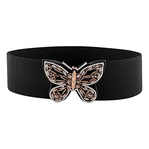 Faletony Women Elastic Waist Belt Black Stretch Belt Rhinestone Belt Pearls Bow Belt for Dresses Butterfly Stretchy Cinch Waistband Cover