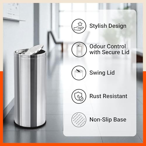 Image of Bathla Stainless Steel Swing Dustbin with Lid for Home, Office & Kitchen - 12 Litres | Swing Lid Trash Can | Durable & Rust-Resistant Garbage Bin