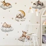 Sleeping Animals Wall Decals,Dreamy Clouds & Star Theme Art Wall Sticker Decors,Peel and Stick Elephants, Bears, Deer Decals for Kids Bedroom Nursery Playroom Library Living Room and Bedroom Decor