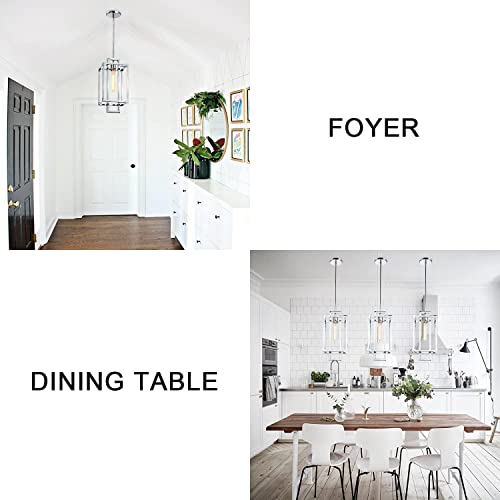 Bunkos 1-Light Lantern Pendant Light In Chrome Finish, Geometric Hanging Light Fixture, 8" Farmhouse Chandelier For Kitchen Island Foyer Hallway, Adjustable Height, T10 Bulb Included #TOP7