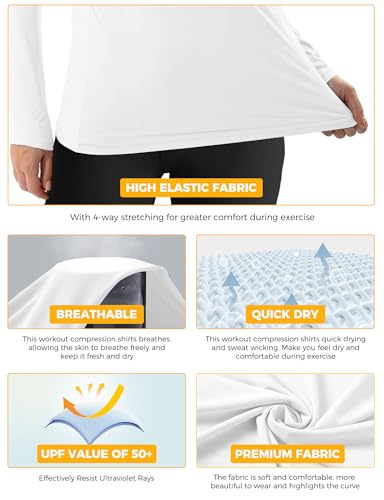 Rash Guard for Women UPF50+ Sun Shirt, Long Sleeve UV Protection Shirts Women Quick Dry Workout Shirts Hiking Swimming Tops(Small, White)3