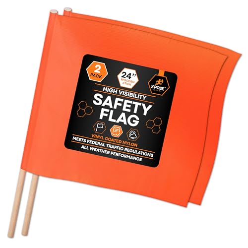 Image of Xpose Safety Orange Vinyl Safety Flags 18 inch x 18 inch with 24 inch Wooden Staff, 2 Pack - High Visibility Warning Flags for Road Work, Traffic Control, Parking Lots & Emergency Response