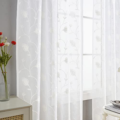 Image of Sheer Curtains White 95 Inches Embroidered Floral, Window Treatments Rod Pocket Drapes for Living room, Bedroom, Semi Crinkle Voile Curtain Panels for Yard, Patio, Villa, Parlor, Set of 2, 52 inchx 95 inch.