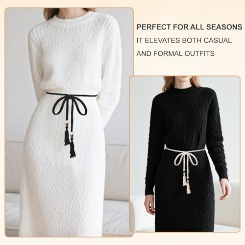 2 Pcs Rope Belts for Women Trendy, Thin Tassel Braided Boho Rope Belt Waist Cotton Ties Waistband Medieval Costume4