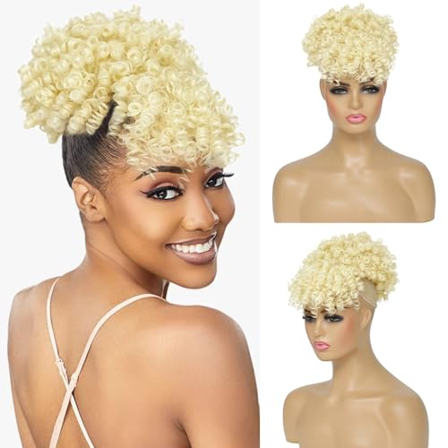 ENTRANCED STYLES Drawstring Ponytail with Bangs Afro Puff Ponytail Extensions for Women Short Curly Puff Ponytail with Bangs Clip in Wrap Updo Hairpiece for Women (613#)